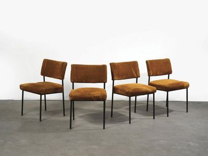 null Joseph-André Motte (1925-2013) Série de 4 chaises modèle " 764 " Lainage marron/orange...
