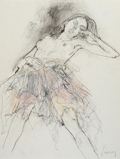 JEAN JANSEM (1920-2013) La jupe rose, 1998 Dessin au crayon, pastel et fusain sur...