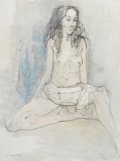 JEAN JANSEM (1920-2013) Blue background, 1992 Pencil drawing, charcoal and watercolour...