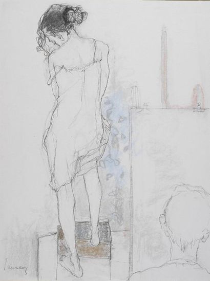 JEAN JANSEM (1920-2013) Peintre et modéle debout, 1994 Dessin au crayon et pastel...