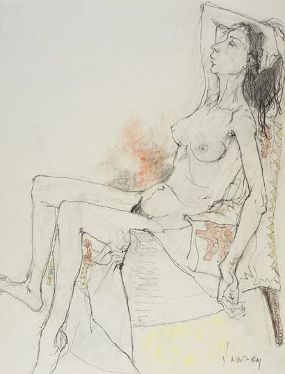 JEAN JANSEM (1920-2013) Femme au fauteuil, 1998 Dessin au crayon, pastel et fusain...