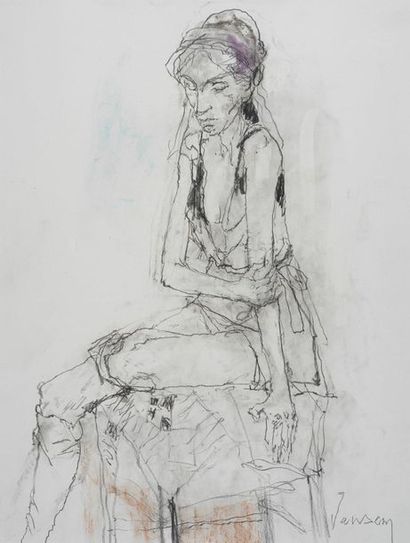 JEAN JANSEM (1920-2013) Joelle sitting with folded leg, 2006 Pencil drawing and pastel...