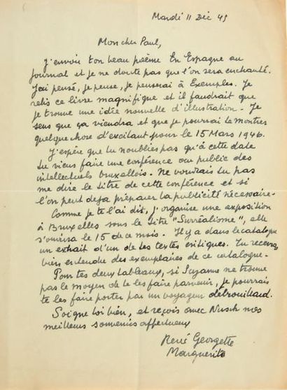 René MAGRITTE. Lettre adressée à Paul Éluard. Sans lieu [Bruxelles], mardi 11 décembre...