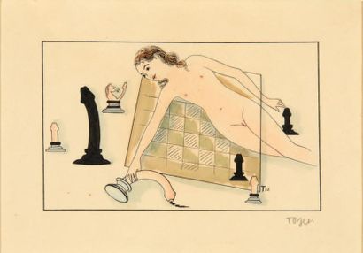 TOYEN. Erotic composition. 1932.
Original drawing in ink enhanced with watercolour,... Gazette Drouot