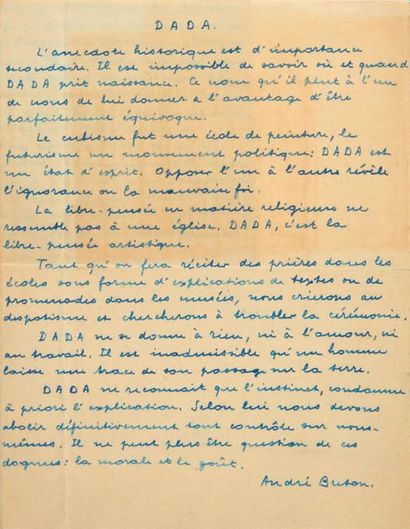 André BRETON. Lettre adressée à Philippe Soupault. [Paris], mercredi 11 février 1920.
Lettre...