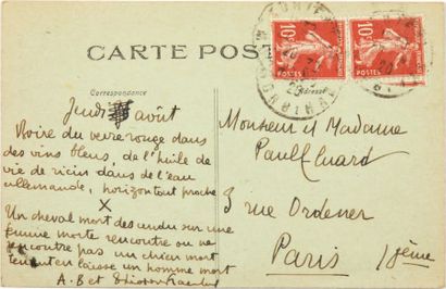 André BRETON et Théodore FRAENKEL. Carte postale adressée à Nusch et Paul Éluard....
