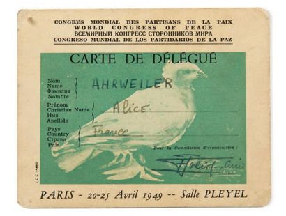 CONGRÈS MONDIAL DES PARTISANS DE LA PAIX. Carte de Délégué.
Paris, 20-25 avril 1949.
Carte...