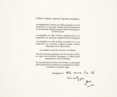 Oscar DOMINGUEZ & Marcel JEAN. Grisou. Le lion - la fenêtre. Paris, GLM, 1990.
In-8...
