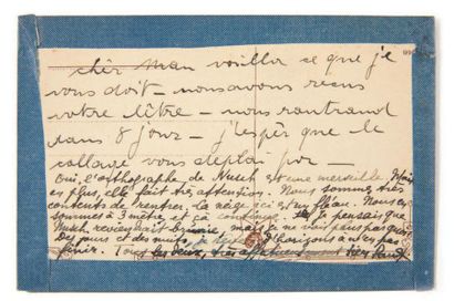 Nusch et Paul ÉLUARD. Lettre adressée à Man Ray. Sans lieu ni date [vers 1937].
Carte...