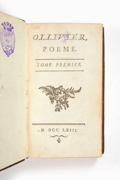 [CAZOTTE, Jacques]. 
Ollivier. Poème. 1763.
2 tomes en 1 volume in-8 (163 x 98 mm)...