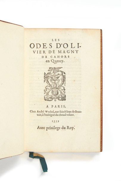 MAGNY, Olivier de. 
Les Odes. Paris, André Wechel, 1559.
Petit in-8 (164 x 105 mm)...