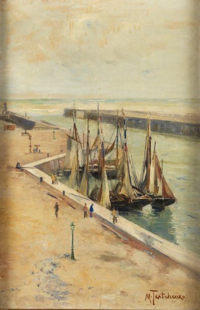 MIKHAÏL STEPANOVICH TKATCHENKO (1860-1919) 
Bateaux dans un port breton
Huile sur...
