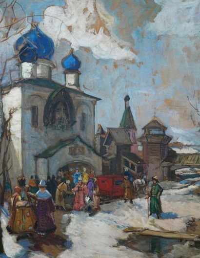 Georges LAPCHINE (1885-1951) 
Après la messe, commencement du printemps en Russie
Huile...