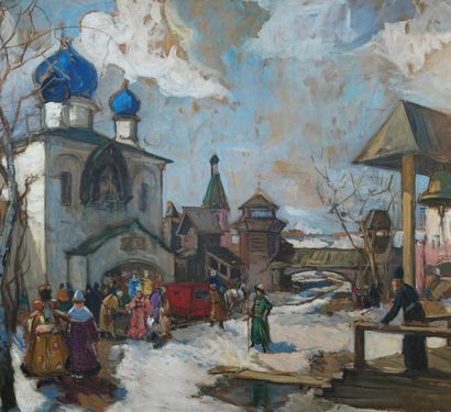 Georges LAPCHINE (1885-1951) 
After mass, beginning of spring in Russia
Oil on panel...