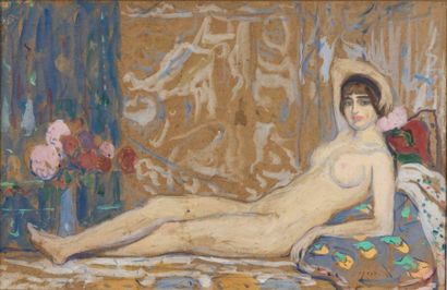 Serge FERAT (1881-1958) 
Odalisque
Gouache et aquarelle sur carton.
Signée en bas...