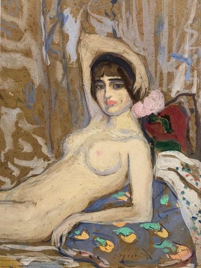 Serge FERAT (1881-1958) 
Odalisque
Gouache et aquarelle sur carton.
Signée en bas...
