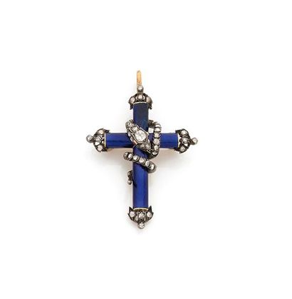 null PENDENT CROSS in 14K (585) yellow gold and silver, blue enamelled, entwined...