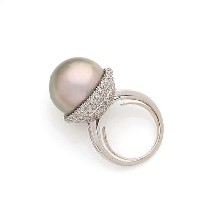 null Platinum ring decorated with a Tahitian cultured pearl button in a basket set...