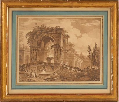 Dans le goût d'Hubert ROBERT Caprice architectural
Paire d'aquatintes.
H_21,5 cm...