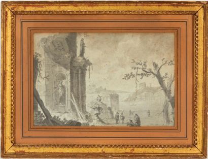 École FRANÇAISE du XVIIIe siècle Paysage aux ruines
Plume, lavis gris.
H_20,5 cm...