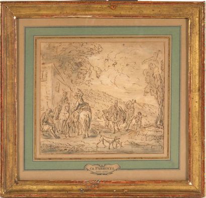Charles PARROCEL (1688-1752) 
Halte de chasseurs
Plume, encre brune, lavis gris.
H_15,3...