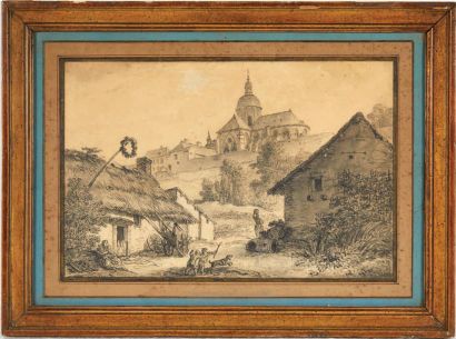 École FRANÇAISE du XVIIIe siècle Vue de saint Quiriace à Provins
Plume, lavis gris.
H_19,5...