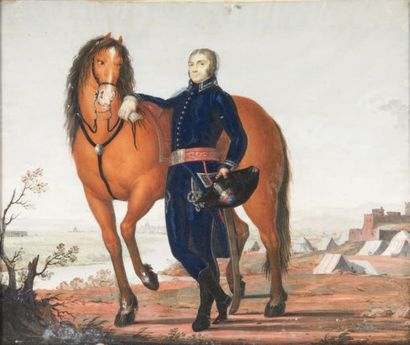 École FRANÇAISE du début du XIXe siècle Militaire devant son cheval
Gouache.
H_18,5...
