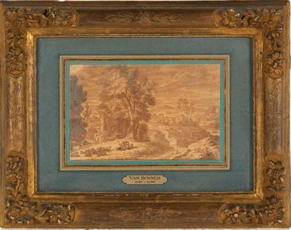 ANTON VAN SONNER (1649-1694) 
Paysage
Plume.
H_9,6 cm L_15 cm (à vue)
Signé en bas...