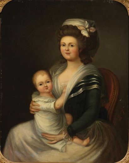 CÉLINE DE MACHY (?) 
Portrait de femme à l'enfant
Huile sur toile.
Signée et datée...