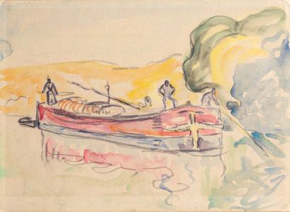 Paul SIGNAC (1863-1935) La barque Aquarelle et crayon sur papier. Cachet de la signature...