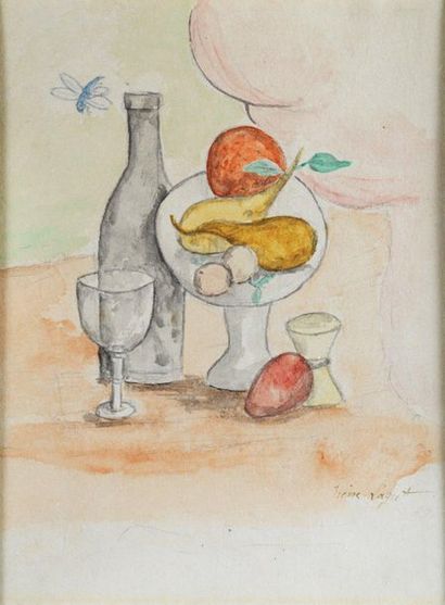 Irène LAGUT (1893-1994) 
Nature morte à la bouteille
Aquarelle et caryon sur papier.
Signe...
