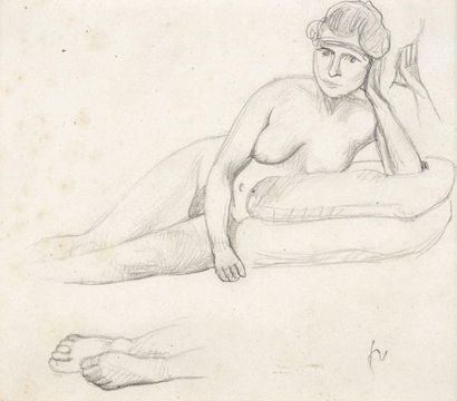 Félix VALLOTTON (1865-1925) Lying nude Pencil lead on paper. Signed with the initials...