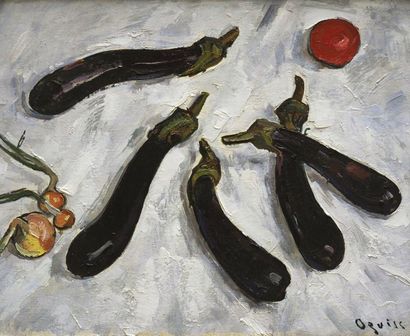 TAKANORI OGUISU (1901-1986) Eggplant still life Oil on canvas. Sign bottom right....