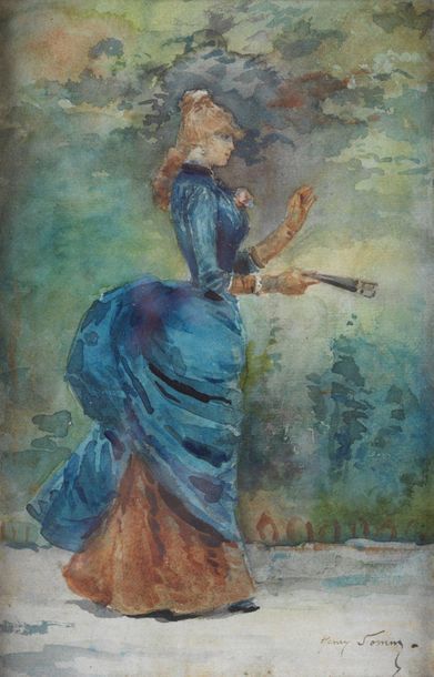Henri SOMM (1844-1907) Elegant at the awakening Watercolor on paper. Signed lower...