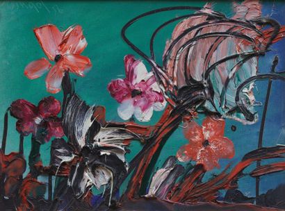 Thanos TSINGOS (1914-1965) 
Fleurs, 1956
Huile sur isorel.
Signee et datee en haut...