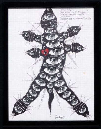 Guy HARLOFF (1933-1991) Créature mythique, 1974 Dessin a l'encre et collage sur papier....