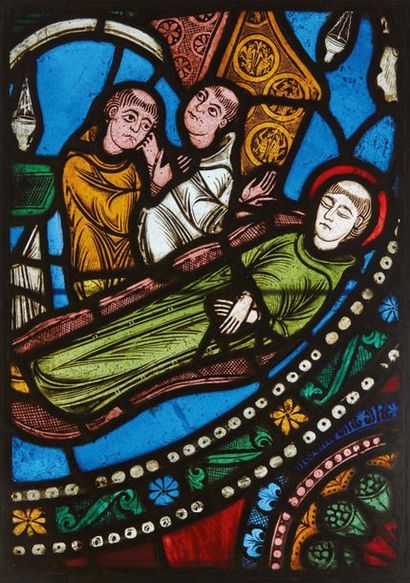  Vitrail en verres de couleur représentant Deux moines veillant le corps de saint...