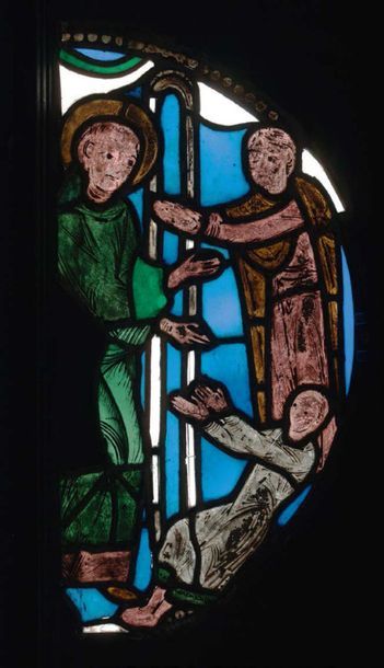 null Stained-glass stained-glass window depicting two monks watching over the body...