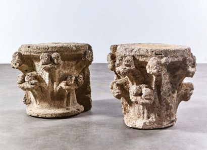 Pair of limestone capitals in carved limestone...