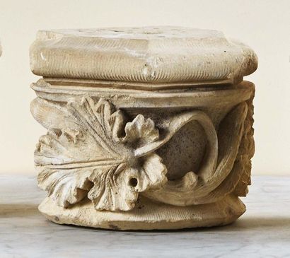 null Suite of three hexagonal-shaped carved limestone column capitals. Decoration...