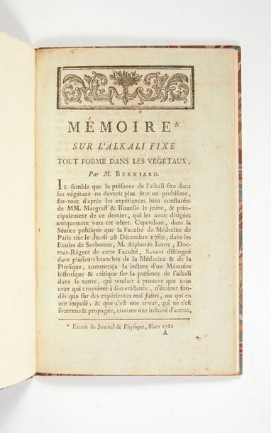 null BERNIARD. Mémoire sur l’alkali fixe. S.l.n.d. (Paris, 1781).

In-8 de 23 pp.,...