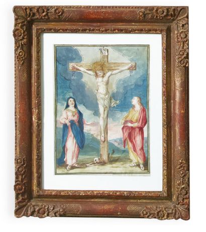 DUE TEMPERE SU PERGAMENA, XVIII SECOLO Santa Apollonia; Gesù in croce e santi
Deux...