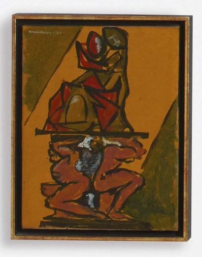 TONI DALLA VENEZIA (VENEZIA 1936) 
Una scultura con cinque personaggi su fondo giallo
Olio...