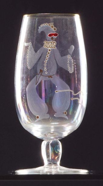 ANZOLO FUGA (1914-1998) 
Bicchiere in vetro bianco azzurrognolo trasparente con decoro...