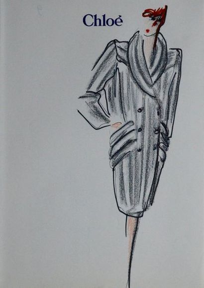 null [LAGERFELD, Karl, attribué à]. Ensemble de 4 dessins originaux en couleurs,...