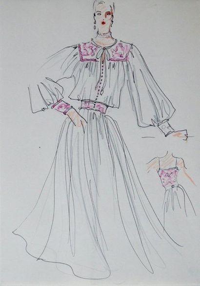 null LAGERFELD, Karl. Ensemble de 3 dessins originaux, aux feutres noir et rose et...