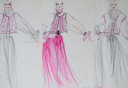 null LAGERFELD, Karl. Ensemble de 3 dessins originaux, aux feutres noir et rose et...