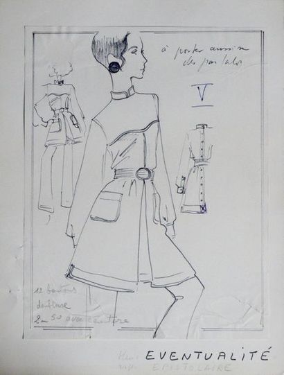 null LAGERFELD, Karl. Ensemble de 4 dessins originaux, au crayon à papier et feutre...