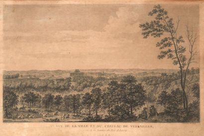 École du XIXe siècle Vue de la ville et du château de Versailles Gravure. H_24 cm...