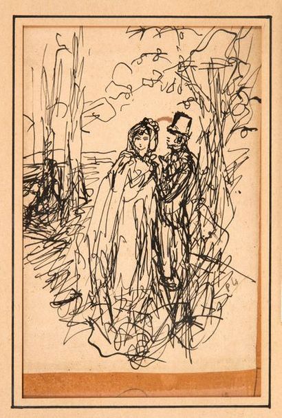 Pierre LAPRADE (1875-1931) Le couple Encre sur papier H_16,5 cm L_11 cm 